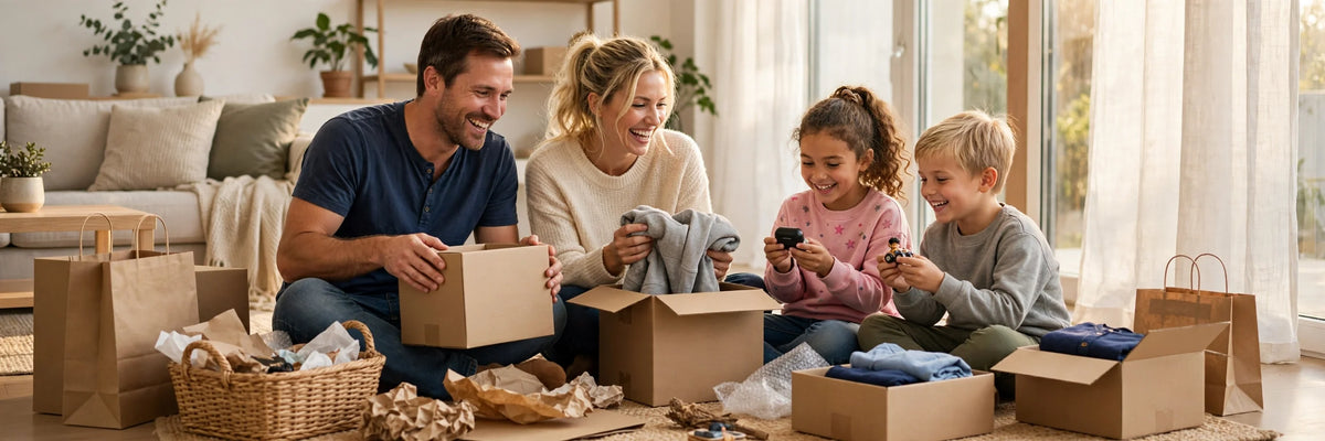 Happy American family unboxing online shopping packages at home