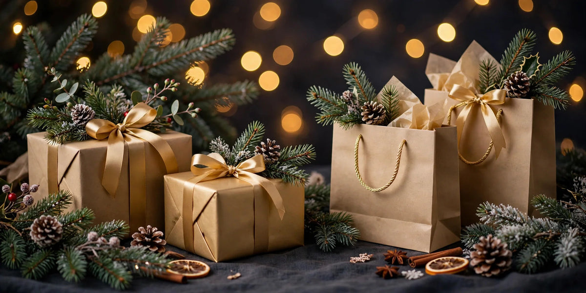 Holiday 2026 gift boxes with gold ribbons and Christmas lights